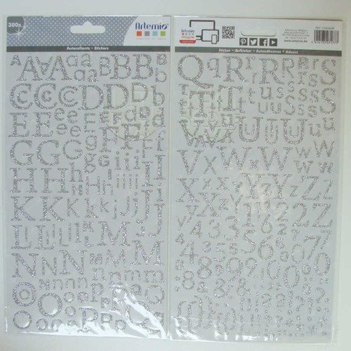 300 pcs stickers argenté pailleté alphabet chiffres lettres 2 planches 24,5x14cm artemio 
