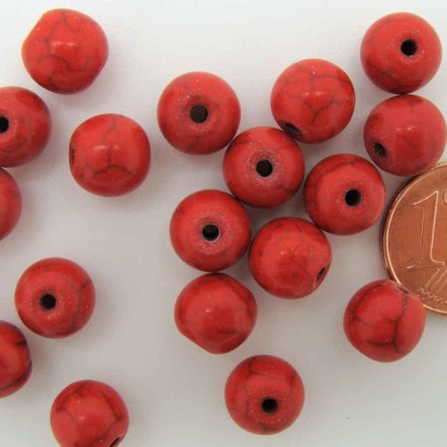 20 perles rondes 8mm rouge pierre reconstituée aspect turquoise