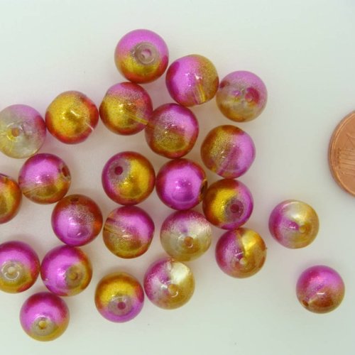 30 perles environ rondes 8mm verre peint doré et rose fuchsia