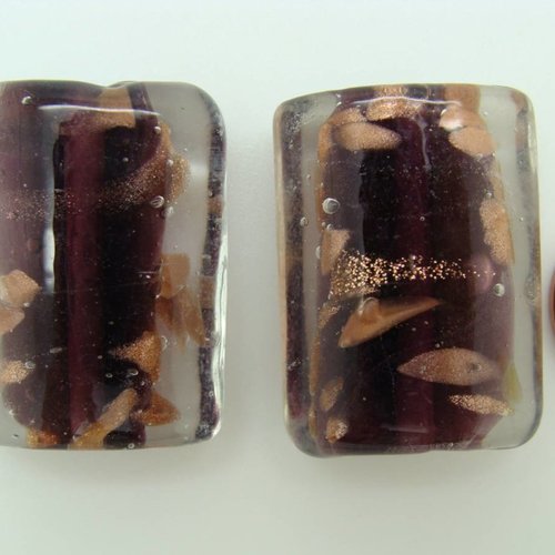 2 perles tubes ovales 29mm verre lampwork violet foncé avec touches dorées