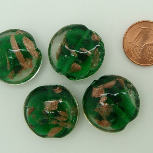 4 perles galets 20mm verre lampwork vert emeraude avec touches dorées