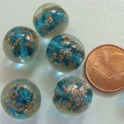 6 perles bleu verre lampwork rondes 12mm touches dorées