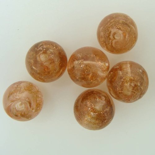 6 perles marron verre lampwork rondes 12mm touches dorées