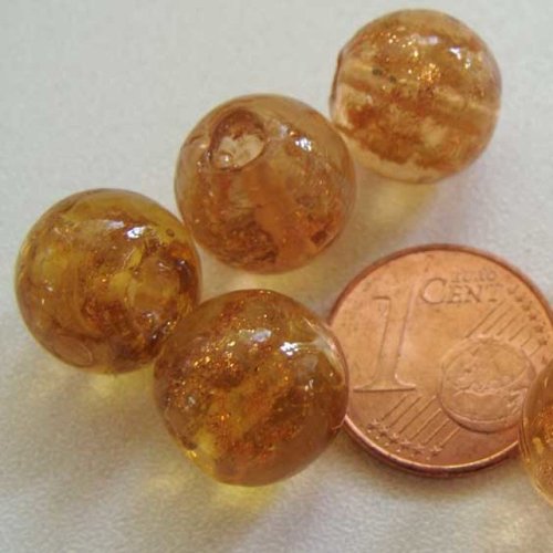 6 perles marron miel verre lampwork rondes 12mm touches dorées