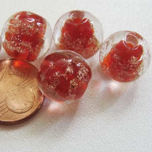6 perles rouge verre lampwork rondes 12mm touches dorées