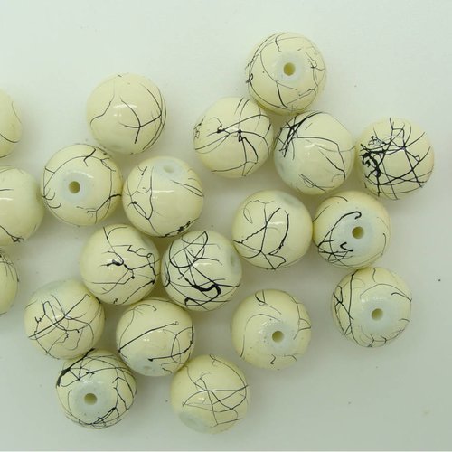 20 perles rondes 10mm verre peint creme aspect marbré