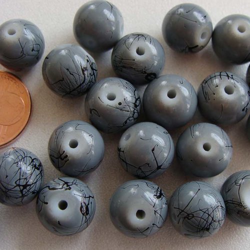 20 perles rondes 10mm verre peint gris aspect marbré