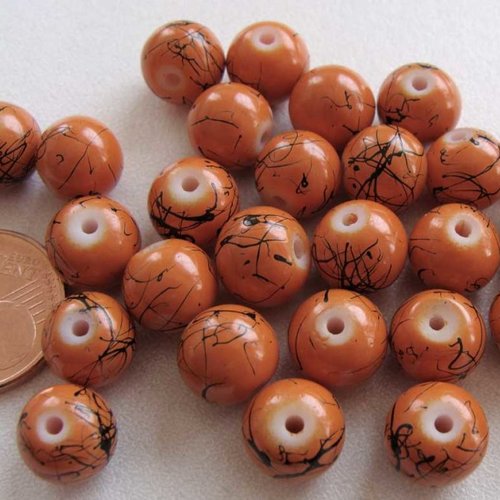 20 perles rondes 10mm verre peint marron aspect marbré