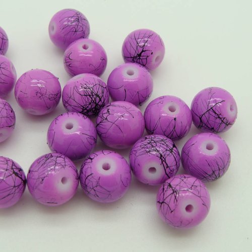 20 perles rondes 10mm verre peint violet aspect marbré