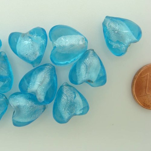10 perles coeurs 12mm bleu verre façon murano feuille argentée diy création bijoux