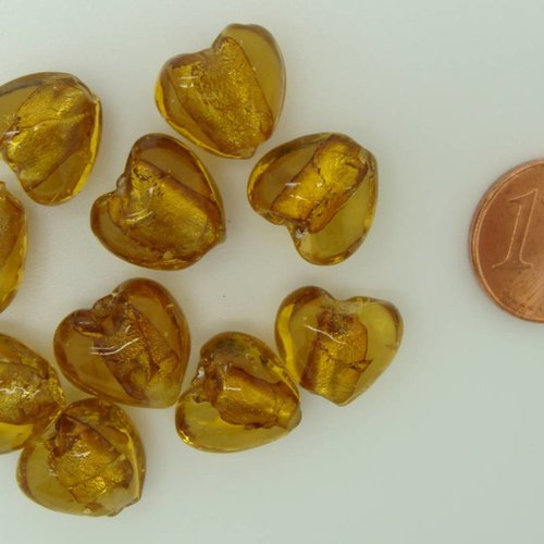 10 perles coeurs 12mm marron doré verre façon murano feuille argentée diy création bijoux