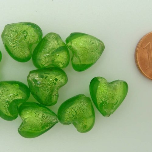 10 perles coeurs 12mm vert olive verre façon murano feuille argentée diy création bijoux