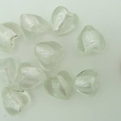 10 perles coeurs 12mm transparent verre façon murano feuille argentée diy création bijoux