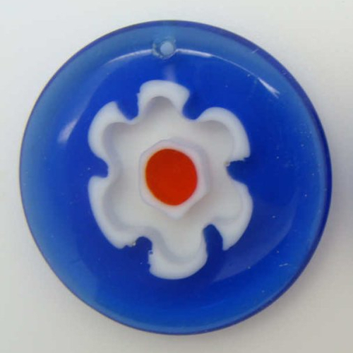 2 pendentifs ronds 30mm bleu foncé fleur verre façon millefiori