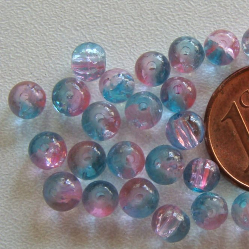 100 perles verre craquele 4mm bicolore bleu rose création bijoux