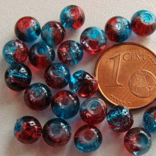 60 perles verre craquele 6mm bicolore bleu rouge création bijoux