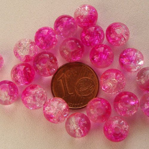 40 perles verre craquele 8mm bicolore rose fuchsia et transparent création bijoux
