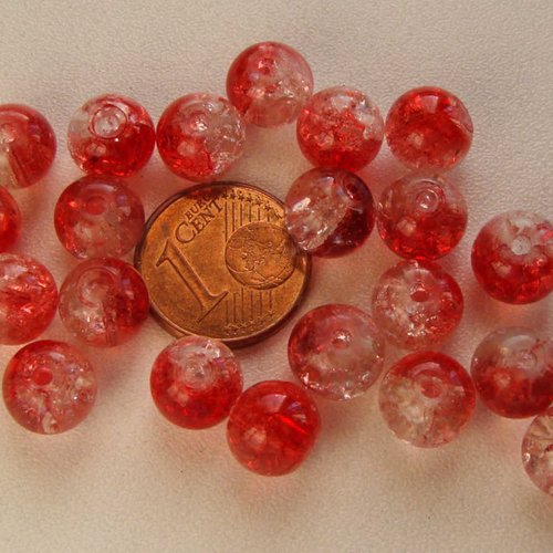 40 perles verre craquele 8mm bicolore rouge et transparent création bijoux