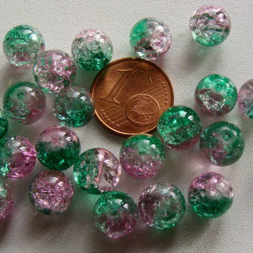 40 perles verre craquele 8mm bicolore rose et vert création bijoux