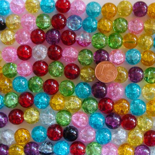 32 perles verre craquele 12mm fil mix couleurs création bijoux