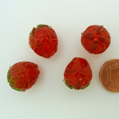 4 perles fraises 14mm rouges verre lampwork