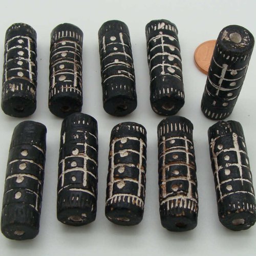 10 perles tubes 31mm x10 mm terre cuite striée peinte noir et blanc vintage 