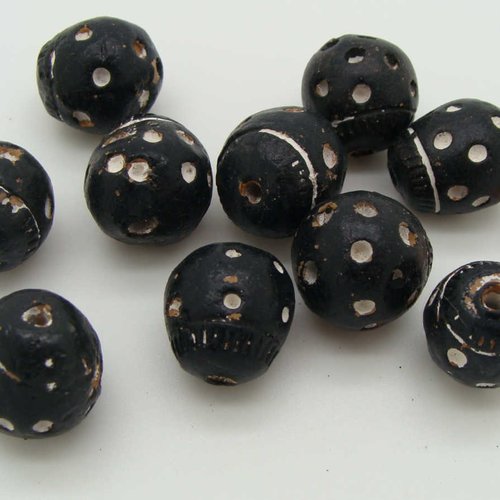 10 perles rondes 15mm terre cuite stries et points peinte noir et blanc vintage 