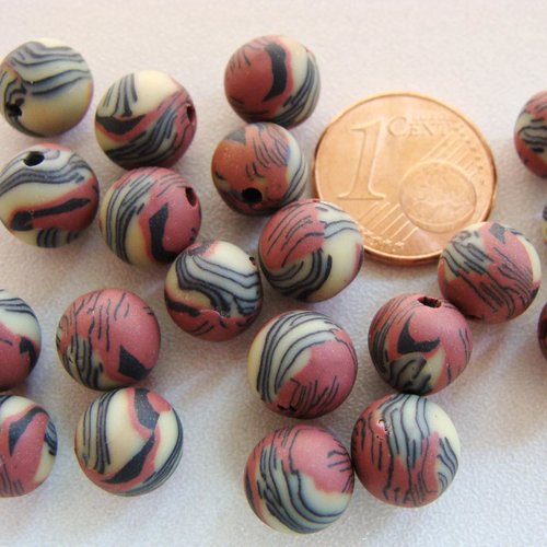 20 perles fimo motifs abstraits marron noir crème rondes 8mm