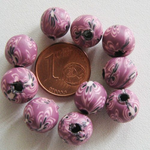 20 perles fimo motifs fleurs violet noir rondes 8mm