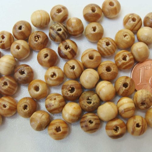 50 perles rondes 8mm bois strie marron / noir création bijoux
