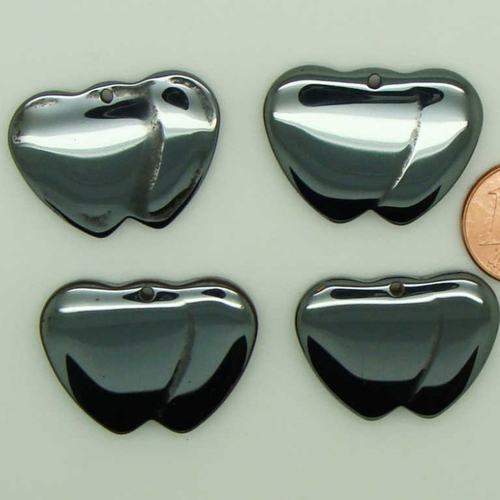 4 pendentifs coeur double amour couple pierre hématite noire 28mm