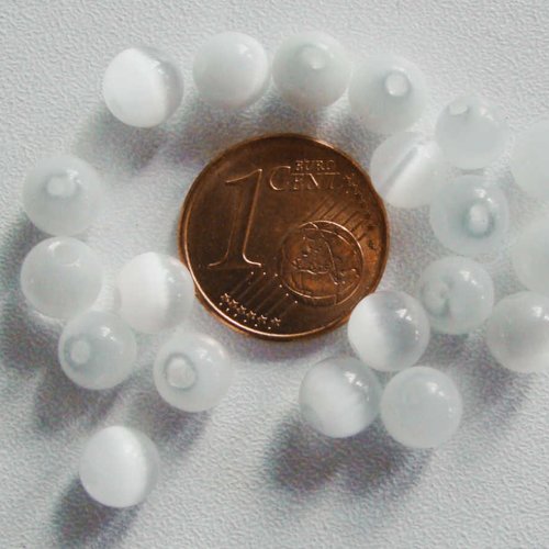 20 perles rondes 6mm blanc gris verre oeil de chat diy création bijoux