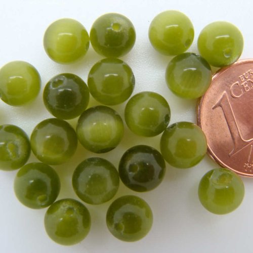 20 perles rondes 6mm vert olive verre oeil de chat diy création bijoux