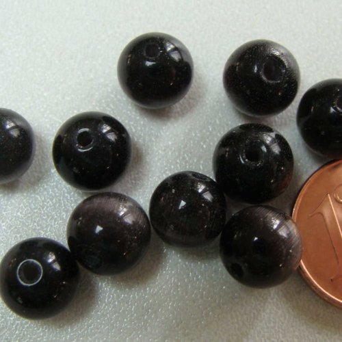 10 perles rondes 8mm noir gris verre oeil de chat diy création bijoux