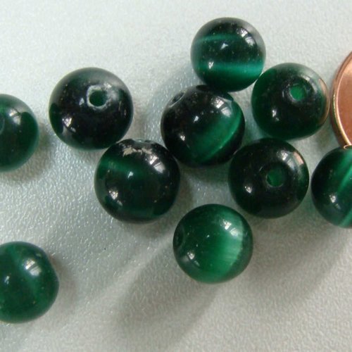 10 perles rondes 8mm vert foncé verre oeil de chat diy création bijoux