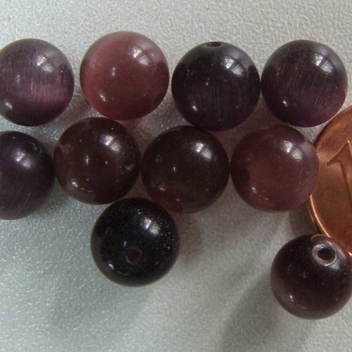 10 perles rondes 8mm violet foncé verre oeil de chat diy création bijoux