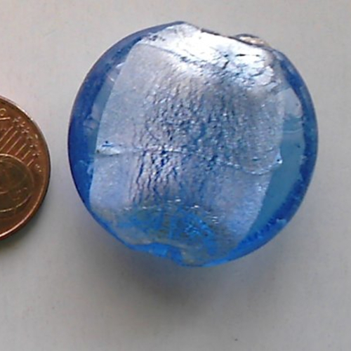 2 perles galets 25mm bleu foncé rond plat verre façon murano feuille argentée diy création bijoux