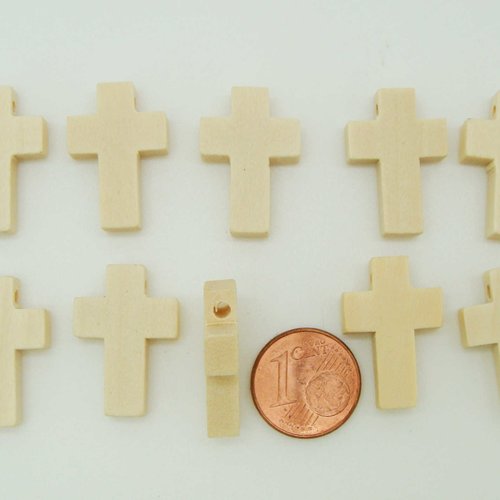 10 pendentifs blanc crème bois croix crucifix 22x14x6mm