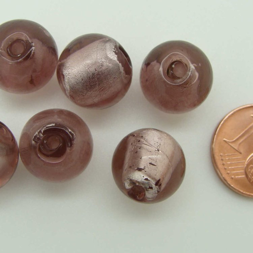 6 perles rondes 12mm violet clair verre façon murano feuille argentée diy création bijoux