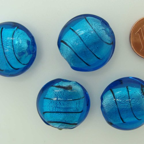 4 perles galets 20mm bleu vif stries noires verre façon murano feuille argentée diy création bijoux