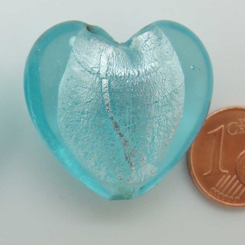 1 perle coeur 28mm bleu verre façon murano feuille argentée diy création bijoux