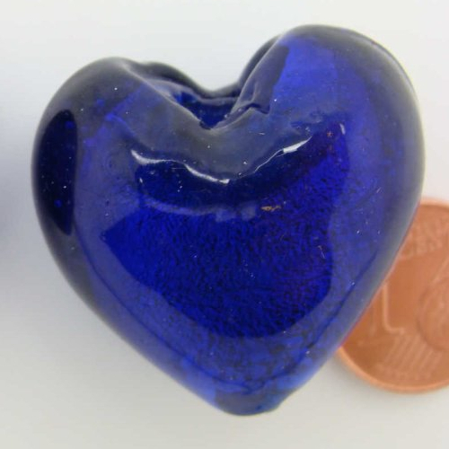 1 perle coeur 28mm bleu marine verre façon murano feuille argentée diy création bijoux