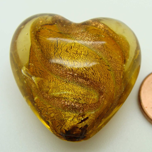 1 perle coeur 28mm marron doré verre façon murano feuille argentée  diy création bijoux