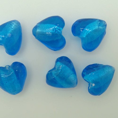 6 perles coeurs 15mm bleu vif verre façon murano feuille argentée diy création bijoux