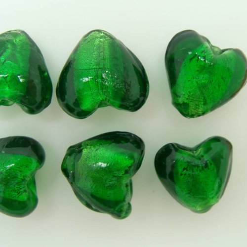6 perles coeurs 15mm vert emeraude verre façon murano feuille argentée diy création bijoux