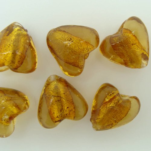 6 perles coeurs 15mm marron doré verre façon murano feuille argentée diy création bijoux