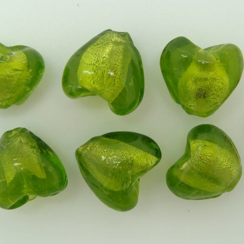 6 perles coeurs 15mm vert olive verre façon murano feuille argentée diy création bijoux