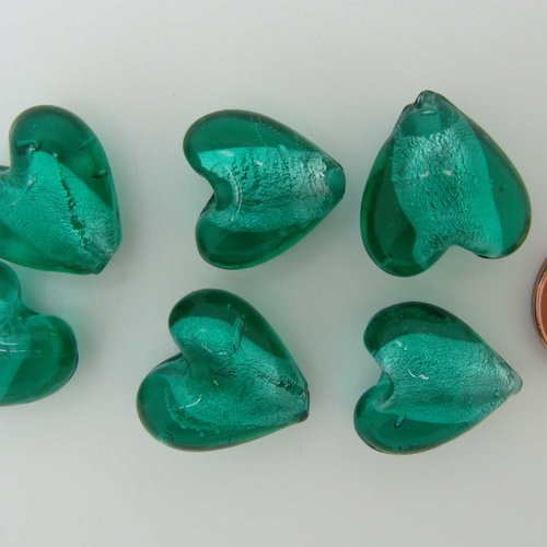 6 perles coeurs 15mm vert foncé verre façon murano feuille argentée diy création bijoux