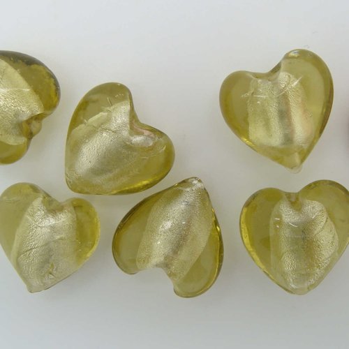 6 perles coeurs 15mm vert kaki verre façon murano feuille argentée diy création bijoux