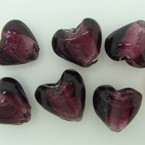 6 perles coeurs 15mm violet verre façon murano feuille argentée diy création bijoux